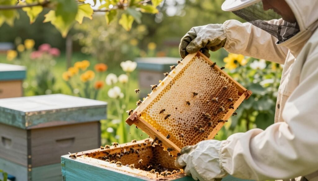 A close-up view of a beekeeper gently handling a beehive, showcasing a person in professional bee-keeping attire to emphasize safety and care. In the foreground, the beekeeper's gloved hands delicately hold a frame filled with honeycomb, textured and glistening with honey, while bees are calmly buzzing around. The middle ground features the hive, nestled in a lush green garden, surrounded by blooming flowers that provide a vibrant backdrop, symbolizing a healthy ecosystem. Soft, natural sunlight filters through the leaves above, creating a warm and serene atmosphere. The composition is captured from a slightly lower angle, focusing on the interaction between the beekeeper and the hive, reflecting a sense of tranquility and respect for the bees and their environment.