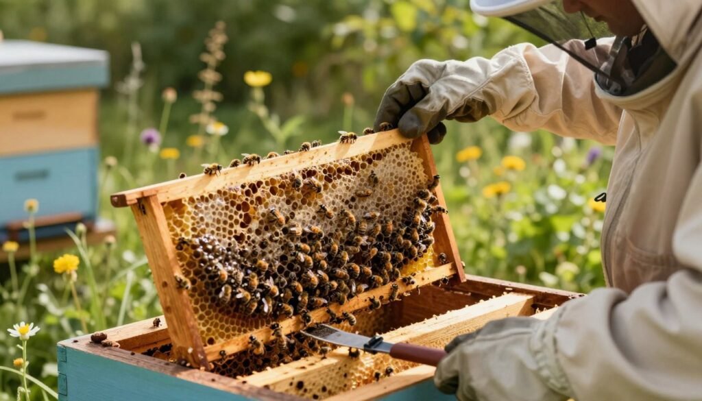 A close-up view of a beekeeper gently removing burr comb from a wooden hive frame, showcasing detailed textures of the comb and bees. In the foreground, the beekeeper wears protective gloves and a light-colored beekeeper suit, focused on the task, with tools like a hive tool and smoker nearby. The middle ground features the hive frame, revealing the irregular burr comb glistening with honey. In the background, a sunny, natural apiary setting with vibrant wildflowers and lush green foliage, casting soft shadows, enhances the scene's tranquility. The lighting is warm and inviting, creating a sense of calm and care in the process of beekeeping, highlighting the importance of treating diseased hives responsibly.