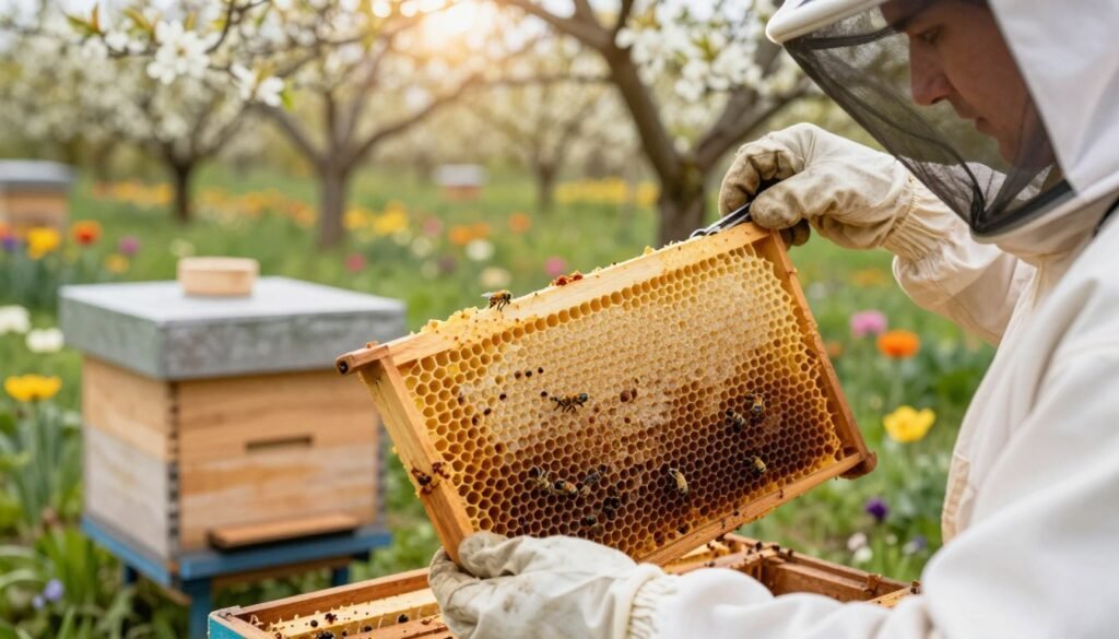 A close-up view of a beekeeper gently requeening a hive. In the foreground, the beekeeper, dressed in protective gear with a white suit and veil, carefully holds a small, marked queen bee in a tweezer. The middle layer features a honeycomb frame held up, showcasing healthy, vibrant brood cells surrounding the queen, as well as a few drone cells for contrast. In the background, a wooden hive is set in a blooming garden filled with flowers, adding splashes of color. Soft, natural lighting filters through the trees, casting a warm, inviting glow that enhances the scene. The atmosphere is calm and focused, emphasizing the important act of maintaining the hive's health and well-being.