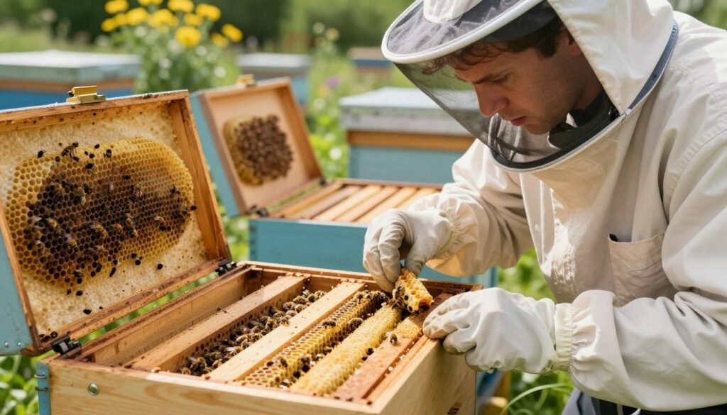 A close-up view of a beekeeper in a clean, professional outfit examining a travel box containing queen bee cells. In the foreground, focus on the well-structured compartment with soft foam padding protecting the delicate cells. The beekeeper, wearing a light-colored bee suit and veil, looks concerned while gently inspecting the transport issues. In the middle ground, several open travel boxes are visible, showing various colony health indicators like visual cues of stress on the bees. The background features a bright, sunny apiary scene with hives and flowering plants. Soft, natural lighting highlights the details and creates a mood of careful diligence and concern, emphasizing the importance of safe transportation.