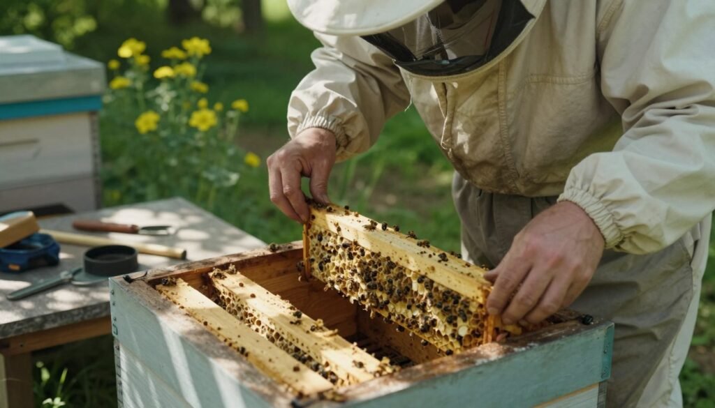 A close-up view of a beekeeper in a light-colored hive suit troubleshooting a queen excluder in a wooden beehive. The beekeeper’s hands are adjusting the queen excluder frame, showcasing various tools spread out on a nearby workbench. In the background, flowering plants are visible, emphasizing the environment conducive to beekeeping. The lighting is soft and natural, filtering through tree leaves, casting dappled shadows on the scene. The atmosphere is calm yet focused, capturing the essence of careful monitoring and problem-solving in bee management. The camera angle is slightly above, giving a clear perspective on the beekeeper's detailed hands-on work with the queen excluder.