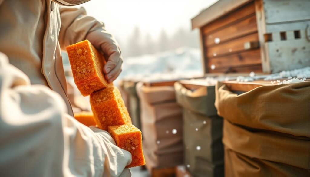 A close-up view of a beekeeper in a light-colored, professional suit gently applying brightly colored feeding bricks to several hives wrapped in thermal hive wraps. The foreground includes the vivid textures of the feeding bricks, showcasing their sugar-rich composition. In the middle ground, the warm, insulated hive wraps are visible, featuring natural colors like beige and olive green, expertly hugged around the beehives for cold climate protection. The background captures a snowy landscape, with gently falling snowflakes sparkled by soft daylight, creating a serene atmosphere. The scene is illuminated by soft, diffused sunlight to enhance the warmth and safety feel, while the focus is sharp on the interaction between the beekeeper and the hives.