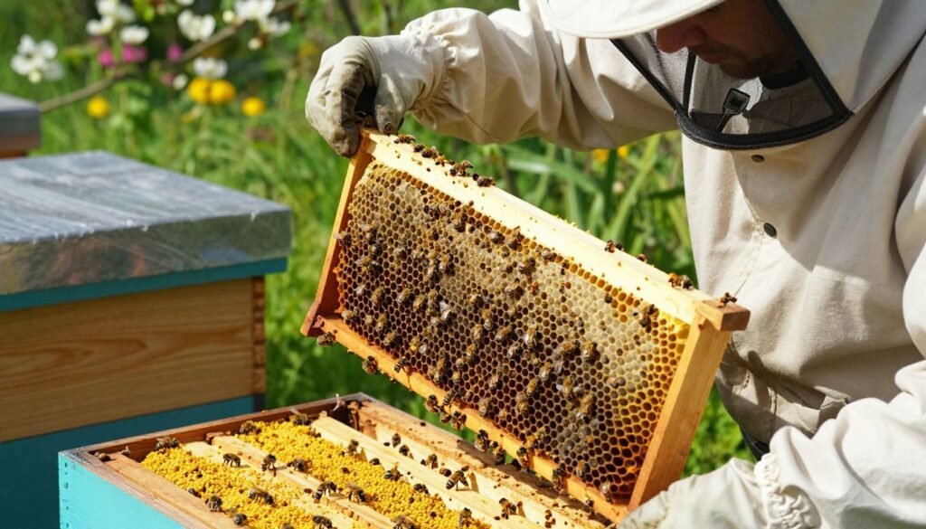 A close-up view of a beekeeper in a light-colored protective suit, carefully inspecting a beehive, with a focus on the health of the queen bee. The beekeeper holds a frame with a healthy brood pattern, showcasing capped cells filled with larvae and emerging bees. In the foreground, vibrant bright yellow pollen and busy worker bees can be seen, indicating hive activity. The middle ground features the wooden hive with detailed textures, surrounded by lush green foliage and blooming flowers softly blurred in the background. The scene is bathed in warm, natural sunlight, creating a calm and nurturing atmosphere, reflecting the importance of monitoring hive health during the waiting period for a new queen bee. The angle is slightly elevated, capturing the intricate details of the hive and the beekeeper's attentive expression.