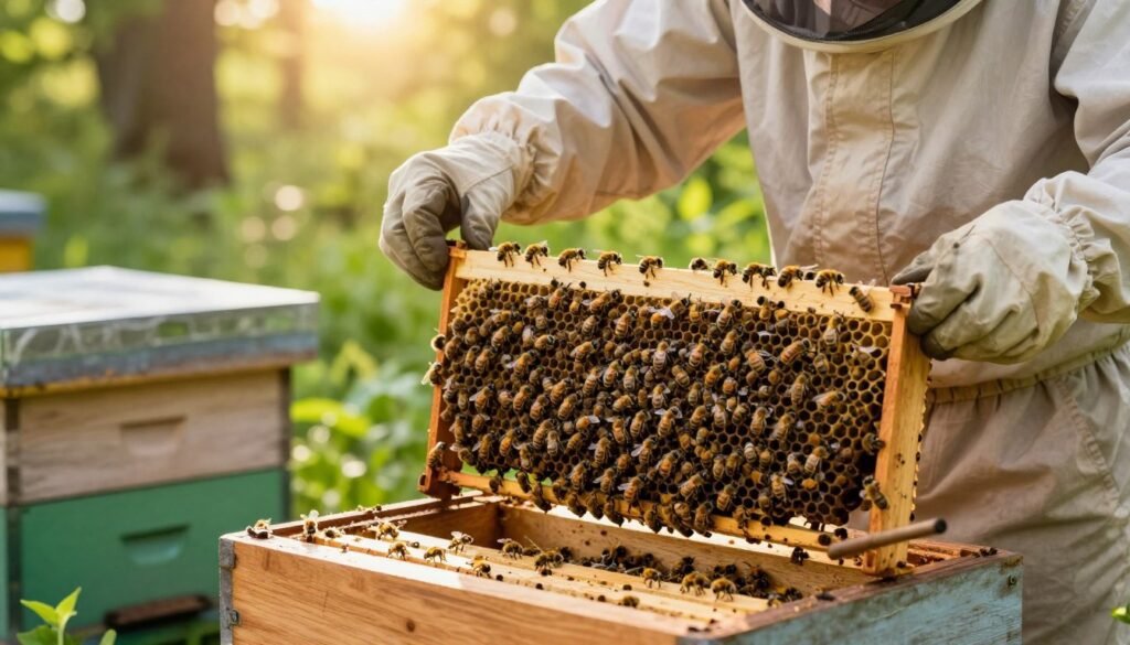 A close-up view of a beekeeper in a light-colored protective suit, inspecting a wooden beehive. In the foreground, the beekeeper is examining a frame filled with busy, healthy bees, showcasing their natural golden hues. The middle ground features the hive with vibrant green foliage surrounding it, indicating a lush, thriving environment. In the background, soft sunlight filters through the trees, casting a warm, golden light that enhances the scene's tranquility and focus on nature. The atmosphere conveys diligence and care, embodying the importance of assessing colony health before any intervention. The scene captures the detailed textures of the bee's bodies, the wood grain of the hive, and the softness of the surrounding vegetation, creating a harmonious, serene moment in beekeeping.