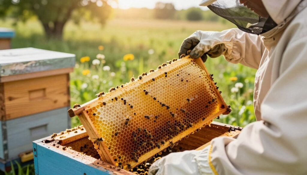 A close-up view of a beekeeper in a light-colored suit carefully managing brood in honey supers, surrounded by beehives. The foreground features the beekeeper's gloved hands gently inspecting a frame filled with healthy brood cells, showcasing capped and open larvae. In the middle ground, bright yellow and orange honeycomb frames are neatly stacked within wooden supers, surrounded by busy bees in vibrant activity. The background displays a sunny landscape with green grass and wildflowers, emphasizing a serene, productive atmosphere. Soft sunlight filters through trees, casting a warm glow over the scene. The angle is slightly elevated, providing a clear focus on the brood management process, evoking a sense of diligence and harmony in beekeeping.