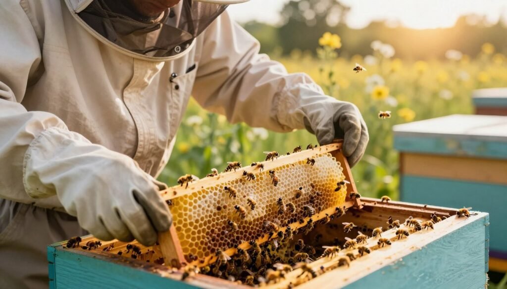 A close-up view of a beekeeper in a lightweight, professional suit, carefully inspecting a beehive box in a sunlit apiary. The foreground features the beekeeper's gloved hands gently lifting a frame, showcasing vibrant honeycomb filled with larvae and capped brood, indicating the queen's acceptance. In the middle ground, bees are actively buzzing around, some landing on the frames, displaying signs of healthy activity and acceptance of the new queen. The background fades softly, depicting rows of flowering plants and trees, with warm golden sunlight filtering through, creating a serene, focused atmosphere. The composition emphasizes clarity with a shallow depth of field, capturing intricate details of the bees and hive structure, evoking a sense of diligence and care in observing bee behavior. A close-up view of a beekeeper in a lightweight, professional suit, carefully inspecting a beehive box in a sunlit apiary. The foreground features the beekeeper's gloved hands gently lifting a frame, showcasing vibrant honeycomb filled with larvae and capped brood, indicating the queen's acceptance. In the middle ground, bees are actively buzzing around, some landing on the frames, displaying signs of healthy activity and acceptance of the new queen. The background fades softly, depicting rows of flowering plants and trees, with warm golden sunlight filtering through, creating a serene, focused atmosphere. The composition emphasizes clarity with a shallow depth of field, capturing intricate details of the bees and hive structure, evoking a sense of diligence and care in observing bee behavior.