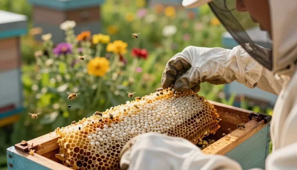 A close-up view of a beekeeper in a professional, modest outfit, carefully selecting larvae from a frame in a sunlit apiary. In the foreground, focus on the beekeeper's gloved hands gently lifting a section of comb filled with larvae, showcasing their white, pearly appearance. The middle ground features the honeycomb structure, illustrating the hexagonal cells where larvae are nestled. In the background, a blurred view of vibrant flowers and greenery enhances the natural setting, with bees subtly hovering around the hive, symbolizing the thriving environment. The lighting is warm and natural, creating an inviting atmosphere that conveys dedication and care. The camera angle is slightly above eye level, providing a clear and immersive perspective on the delicate task of selecting optimal larvae for queen bee development.