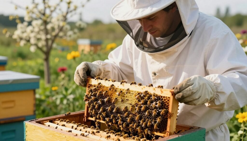A close-up view of a beekeeper in a professional white suit and veil, inspecting a vibrant beehive filled with active bees in the foreground. The beekeeper gently examines a frame showing laying workers and capped brood, highlighting their development. The background features a lush apiary with blooming flowers and greenery under soft, warm sunlight, creating a serene atmosphere. The angle is slightly elevated, allowing a clear focus on the beekeeper's diligent expression as they monitor and document the bees' progress. The lighting is natural, emphasizing the detailed textures of the bees and the hive while conveying a sense of calm and diligence in the task.