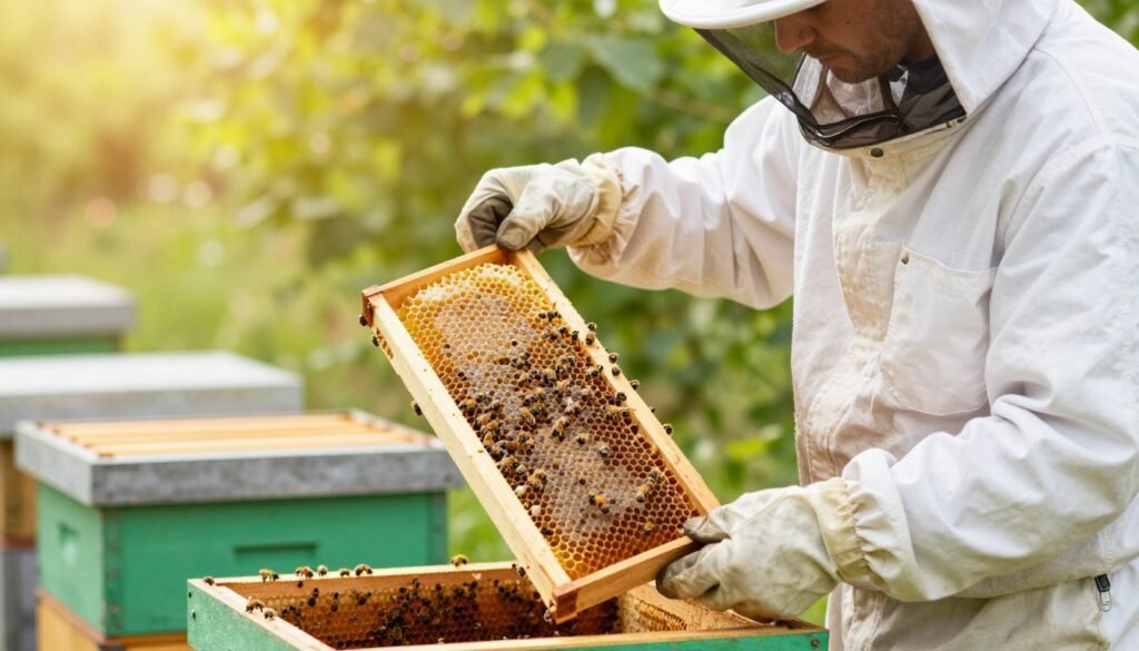 A close-up view of a beekeeper in a professional white suit, carefully inspecting a wooden bee package in a sunny outdoor setting. The foreground features the beekeeper holding a frame filled with honeycomb, showcasing attentive focus on the healthy colony of bees. In the middle ground, additional frames with bees clustered around them can be seen, while the background reveals lush green foliage, enhancing the natural environment. Bright, warm lighting filters through the leaves, creating a serene and hopeful atmosphere, symbolizing the careful approach required for troubleshooting installation challenges. The composition is centered, shot with a shallow depth of field to emphasize the interaction between the beekeeper and the bees, while soft bokeh effects provide a dreamy quality to the background.