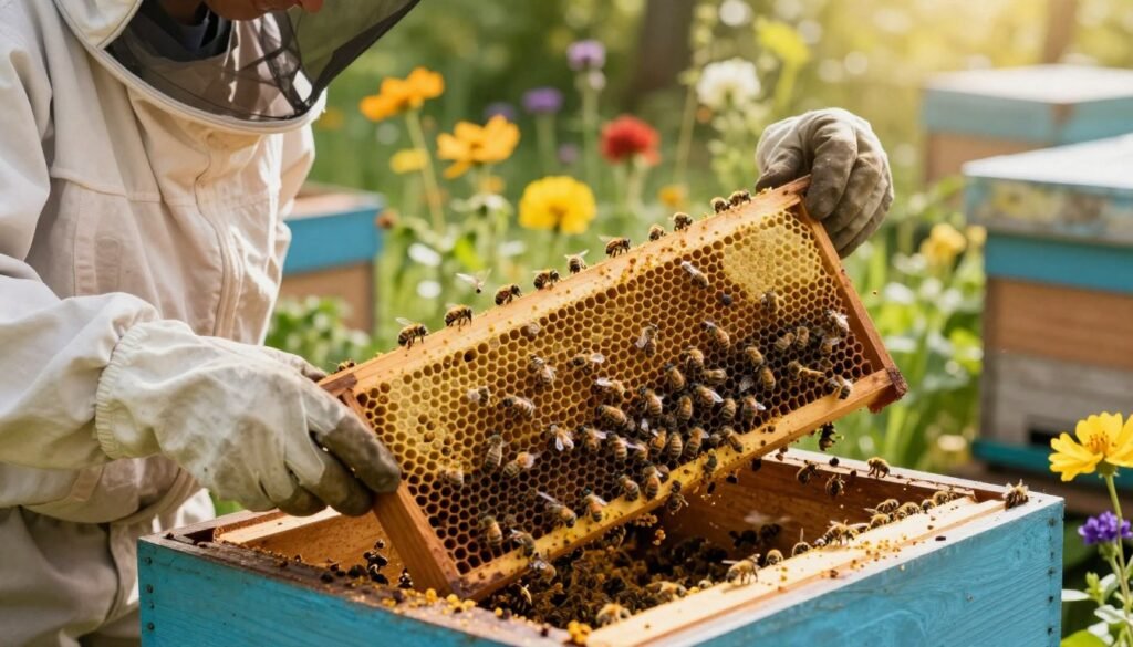 A close-up view of a beekeeper in a protective suit, gently placing a dense, rich pollen patty into a wooden bee hive in a sunlit apiary. The foreground focuses on the beekeeper's gloved hands and the textured pollen patty, while the bees hover around, drawn to the food source. In the middle, the wooden hive reveals its intricate design, showcasing the entrance and the busy activity of bees. The background features vibrant flowers in full bloom, providing a natural setting filled with greenery and soft sunlight filtering through leaves. The atmosphere is calm and nurturing, conveying the importance of strategic feeding techniques for maintaining colony health. The image is bright, emphasizing the warm golden tones of the bees and pollen against a blur of lush plant life, creating a harmonious and engaging scene.