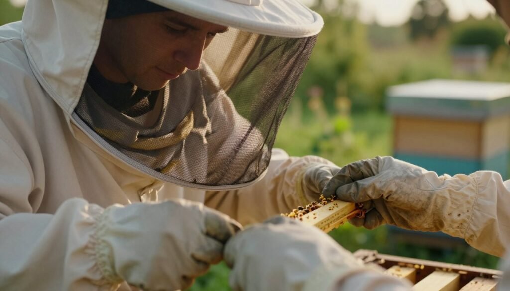 A close-up view of a beekeeper in a protective veil, inspecting delicate bee suit components. The foreground features the beekeeper's hands wearing gloves, gently handling the fine mesh of the veil with a careful touch. In the middle, the focus is on the intricate textures of the bee suit, showing how the fabric blends into the veil. The background displays a softly blurred hive and lush garden, creating a serene and natural atmosphere. The lighting is soft and warm, reminiscent of golden hour, casting gentle shadows that enhance the textures. The composition emphasizes the importance of delicacy and care involved in beekeeping, evoking a mood of attentiveness and respect for the craft.