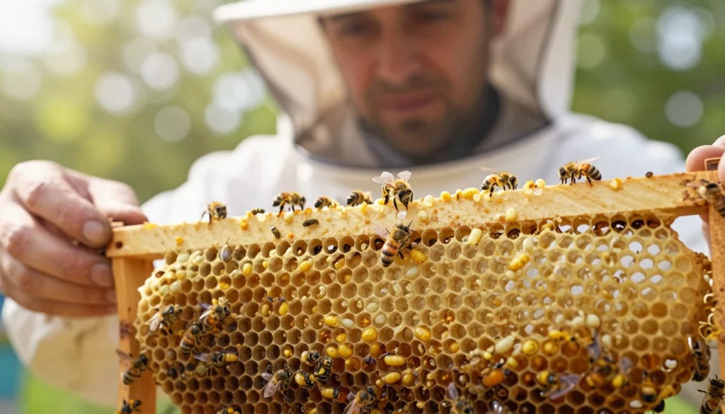A close-up view of a beekeeper in a white protective suit, carefully examining a queen cell filled with vibrant larvae. The foreground features the intricate structure of the queen cell, showcasing its waxy texture and the golden larvae inside, which are being fed nutrient-rich royal jelly. The middle-ground depicts the beekeeper's focused expression as they hold a frame with multiple queen cells against the bright, natural sunlight filtering through a beehive. In the background, gentle buzzes of bees can be seen, creating a busy and harmonious atmosphere. The color palette emphasizes warm yellows and earthy tones, evoking a sense of life and care in the nurturing process. Use a macro lens effect for detailed clarity, with soft bokeh in the background to highlight the connection between the beekeeper and the larvae. A close-up view of a beekeeper in a white protective suit, carefully examining a queen cell filled with vibrant larvae