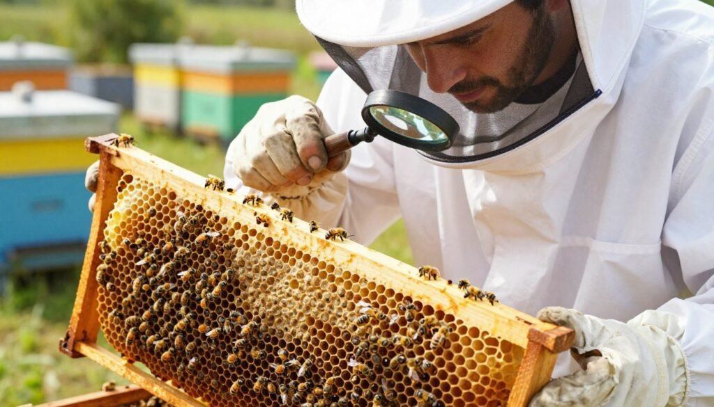 A close-up view of a beekeeper in a white protective suit, carefully inspecting a honeycomb frame filled with developing bee brood. The foreground features the honeycomb, showcasing various stages of brood, from eggs to larvae, emphasizing their healthy condition. In the middle, the beekeeper is intently examining the brood, holding a small magnifying glass to observe details, revealing the connection between brood health and queen vitality. The background captures a vibrant apiary scene with hives buzzing in the sunlight, soft rays illuminating the frame’s golden honey. The atmosphere is one of diligence and curiosity, with a depth of field that subtly blurs the background, directing focus to the brood and the beekeeper’s concentrated expression. A close-up view of a beekeeper in a white protective suit, carefully inspecting a honeycomb frame filled with developing bee brood. The foreground features the honeycomb, showcasing various stages of brood, from eggs to larvae, emphasizing their healthy condition. In the middle, the beekeeper is intently examining the brood, holding a small magnifying glass to observe details, revealing the connection between brood health and queen vitality. The background captures a vibrant apiary scene with hives buzzing in the sunlight, soft rays illuminating the frame’s golden honey. The atmosphere is one of diligence and curiosity, with a depth of field that subtly blurs the background, directing focus to the brood and the beekeeper’s concentrated expression.