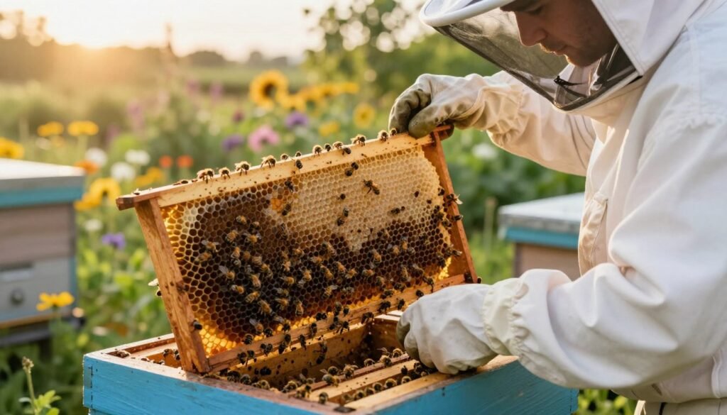 A close-up view of a beekeeper in a white suit with a veil, carefully installing a new queen bee into a hive using indirect methods. The foreground highlights the beekeeper’s gloved hands gently placing a queen cage within the hive, surrounded by buzzing worker bees. In the middle ground, the open hive reveals dark, thick honeycomb and attentive bees, showcasing the hive's activity. The background features a lush garden with colorful flowers, bathed in soft, warm lighting of a late afternoon sun, creating a peaceful yet industrious atmosphere. The image captures a sense of care and diligence essential for successful requeening.