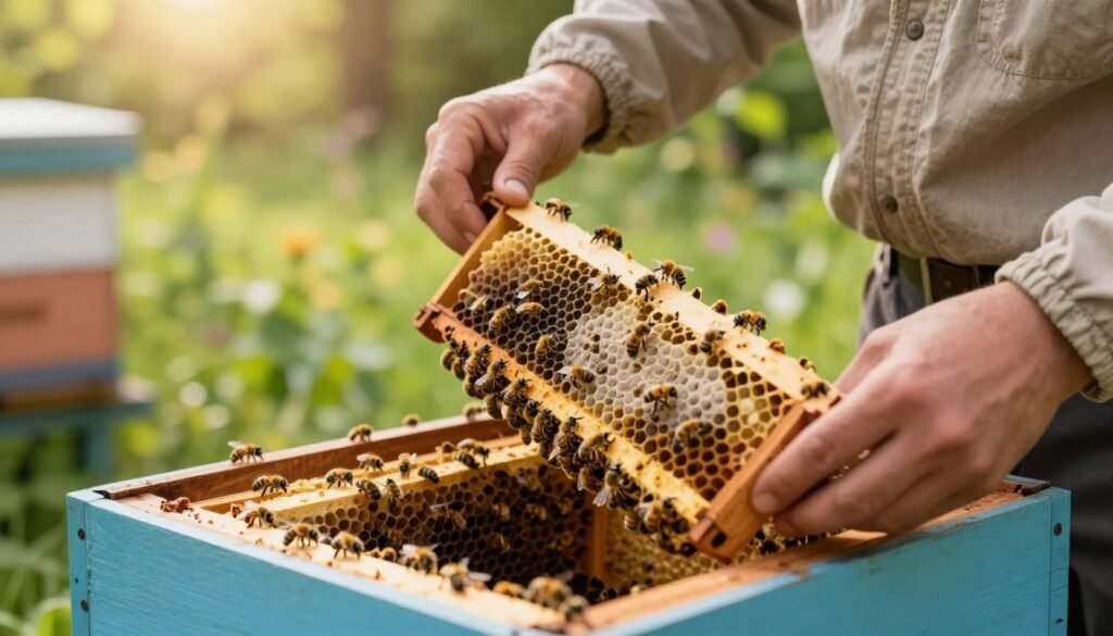 A close-up view of a beekeeper in modest casual clothing, carefully replacing old foundation frames in a wooden hive. In the foreground, the beekeeper's hands are gently lifting a frame with partially drawn comb, showcasing the details of bees at work. The middle ground features a beautifully constructed beehive with colorful frames, filled with an array of healthy bees. In the background, a vibrant green garden is visible, suggesting a thriving ecosystem. Soft, natural sunlight filters through the trees, casting a warm glow, enhancing the serene atmosphere. The shot should be taken with a macro lens to emphasize texture and detail, while the depth of field blurs the background slightly, keeping the focus on the act of replacing the foundation.