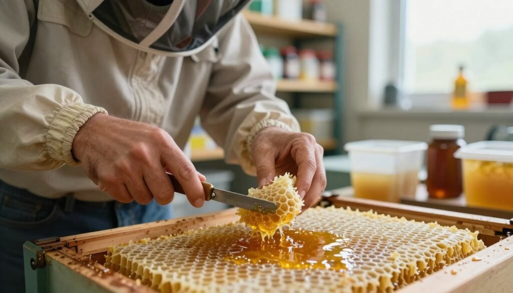 A close-up view of a beekeeper in modest casual clothing, expertly handling wax cappings and residual honey in a well-lit honey extraction facility. The beekeeper carefully uses a capping scratcher, highlighting the intricate details of the wax cells and glistening honey. In the foreground, focus on the wax cappings being scraped off, with honey pooling around them. In the middle ground, include various beekeeping tools and containers for collecting wax and honey, emphasizing a clean and organized workspace. The background should feature shelves stocked with beekeeping supplies, softly blurred to keep attention on the foreground. Natural lighting filters through a window, creating a warm and inviting atmosphere that reflects the importance of sanitation in honey processing.