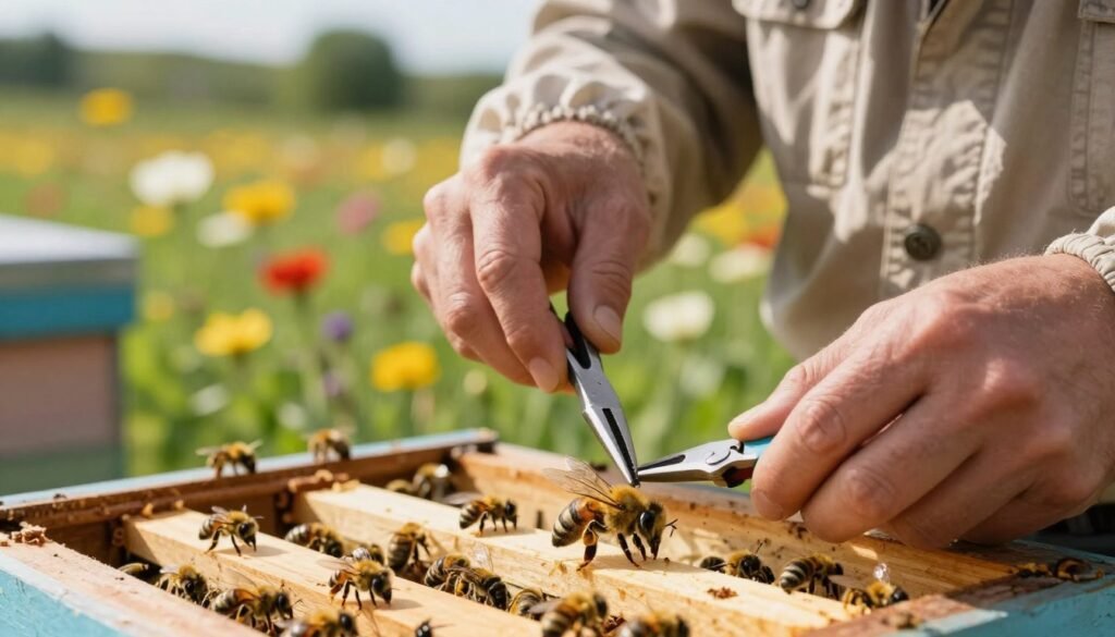 A close-up view of a beekeeper in modest casual clothing, gently clipping the wings of a queen bee with precision. In the foreground, focus on the beekeeper's hands holding delicate clippers, showcasing their careful attention. The middle of the image features the queen bee resting on a small wooden frame within a beehive, surrounded by worker bees, illustrating the intricate dynamics of the hive. In the background, a colorful landscape of blooming flowers and lush greenery under bright, natural sunlight creates a warm atmosphere. The lighting is soft and inviting, highlighting the delicate features of both the beekeeper and the bees. The overall mood is calm and focused, emphasizing the meticulous nature of beekeeping practices. A close-up view of a beekeeper in modest casual clothing, gently clipping the wings of a queen bee with precision. In the foreground, focus on the beekeeper's hands holding delicate clippers, showcasing their careful attention. The middle of the image features the queen bee resting on a small wooden frame within a beehive, surrounded by worker bees, illustrating the intricate dynamics of the hive. In the background, a colorful landscape of blooming flowers and lush greenery under bright, natural sunlight creates a warm atmosphere. The lighting is soft and inviting, highlighting the delicate features of both the beekeeper and the bees. The overall mood is calm and focused, emphasizing the meticulous nature of beekeeping practices.