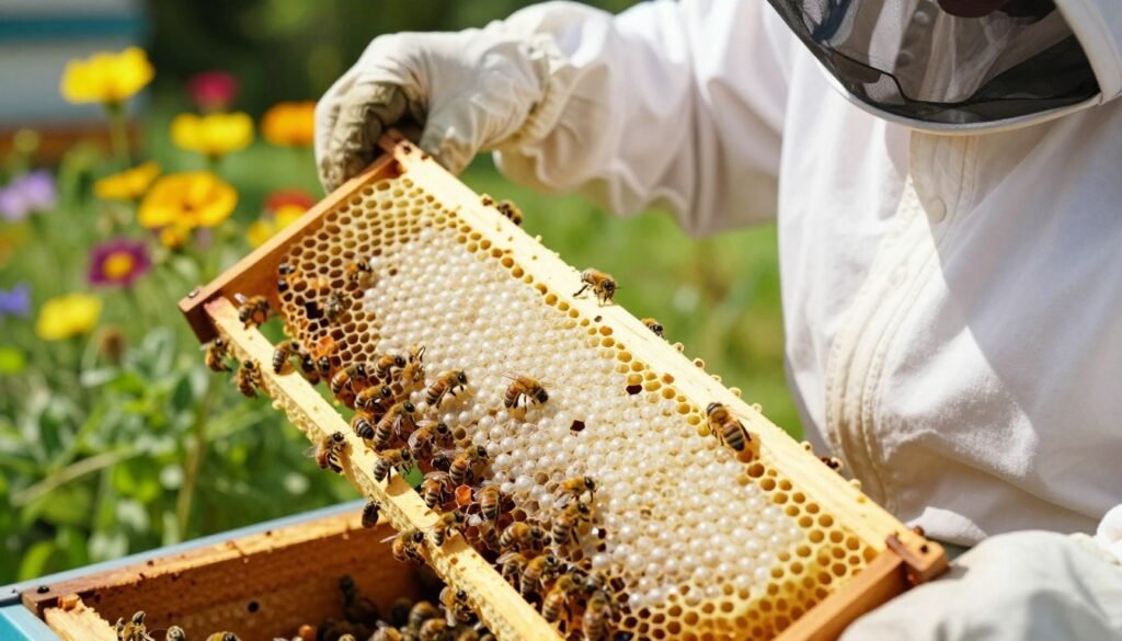 A close-up view of a beekeeper in professional attire, carefully examining a frame filled with emergency queen cells inside a bee hive. The focus is on the delicate, pearly white queen cells, surrounded by worker bees in varying shades of yellow and black. In the background, the vibrant colors of a sunny garden bloom, adding warmth to the scene. Soft, natural sunlight streams in, highlighting the texture of the honeycomb and the intricate details of the queen cells. The angle is slightly tilted for a dynamic perspective, emphasizing the importance and urgency of the beekeeper's task. The atmosphere is calm yet focused, conveying a sense of responsibility in handling unexpected developments in the hive. A close-up view of a beekeeper in professional attire, carefully examining a frame filled with emergency queen cells inside a bee hive. The focus is on the delicate, pearly white queen cells, surrounded by worker bees in varying shades of yellow and black. In the background, the vibrant colors of a sunny garden bloom, adding warmth to the scene. Soft, natural sunlight streams in, highlighting the texture of the honeycomb and the intricate details of the queen cells. The angle is slightly tilted for a dynamic perspective, emphasizing the importance and urgency of the beekeeper's task. The atmosphere is calm yet focused, conveying a sense of responsibility in handling unexpected developments in the hive.