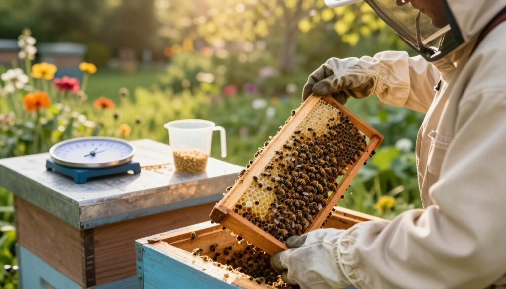 A close-up view of a beekeeper in professional attire, carefully examining a new package of bees inside a wooden hive. The foreground features the beekeeper's gloved hands gently lifting the package, revealing the bees clustered together. In the middle ground, a measuring scale rests on a table next to the hive, with bee feed and a measuring cup, symbolizing the feeding process. The background shows a lush garden with vibrant flowers and greenery, creating a tranquil atmosphere. Soft, natural sunlight filters through the trees, casting a warm, golden glow on the scene, evoking a sense of care and diligence in determining the right feeding amount for the new colony. A close-up view of a beekeeper in professional attire, carefully examining a new package of bees inside a wooden hive. The foreground features the beekeeper's gloved hands gently lifting the package, revealing the bees clustered together. In the middle ground, a measuring scale rests on a table next to the hive, with bee feed and a measuring cup, symbolizing the feeding process. The background shows a lush garden with vibrant flowers and greenery, creating a tranquil atmosphere. Soft, natural sunlight filters through the trees, casting a warm, golden glow on the scene, evoking a sense of care and diligence in determining the right feeding amount for the new colony.