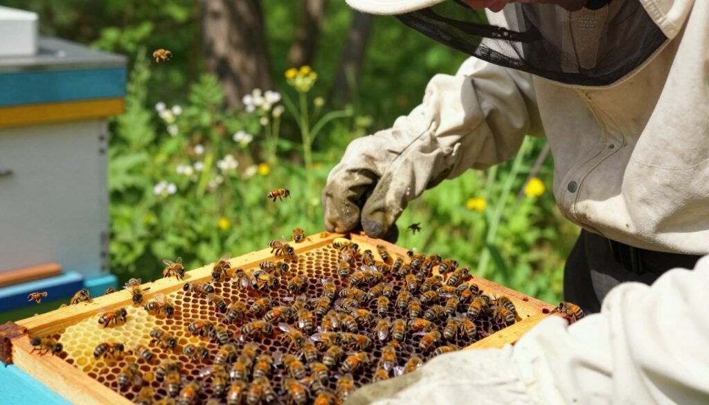 A close-up view of a beekeeper in professional attire carefully inspecting a bee hive, focusing on monitoring the population and temperament of the bees. The foreground features the beekeeper's gloved hands gently lifting a frame filled with bees, showcasing various bee activities such as foraging and clustering. In the middle of the image, vibrant bees buzz around the hive, some appearing calm while others exhibit slight agitation, indicative of temperament. The background includes lush greenery and wildflowers, suggesting a healthy environment for the bees. Soft, natural sunlight filters through the trees, casting gentle shadows to create a tranquil atmosphere, enhancing the connection between the beekeeper and the hive. The angle is slightly tilted to provide a dynamic perspective on the bustling activity, inviting viewers into the world of beekeeping.