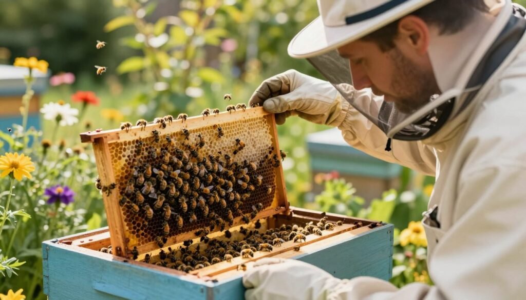 A close-up view of a beekeeper in professional attire, carefully inspecting a hive box on a sunny day. The foreground shows the beekeeper looking thoughtfully at the entrance of the hive, observing the clustering activity of bees. The middle ground features a partially opened hive, revealing frames filled with honeycomb and bees actively working. The background is a lush garden with vibrant flowers attracting more bees. Soft, warm sunlight filters through the leaves, creating a calm and focused atmosphere. The angle emphasizes the meticulous evaluation of space needs for the bees, reflecting both the urgency and care involved in beekeeping. The overall mood is serene yet purposeful, highlighting the connection between the beekeeper and the hive's community.
