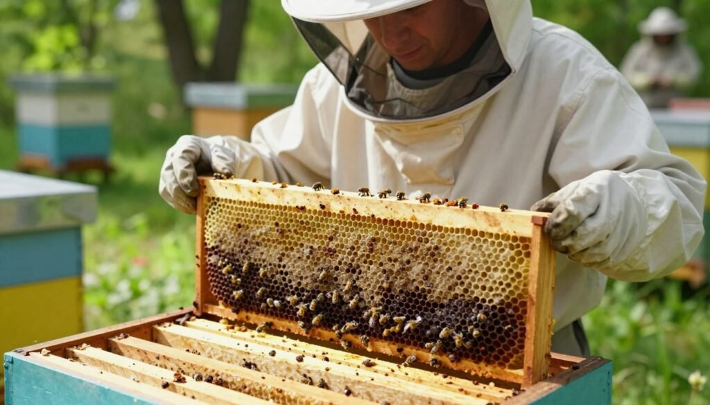 A close-up view of a beekeeper in professional attire, carefully inspecting beehive frames for signs of brood disease. The foreground highlights detailed, wooden frames filled with honeycomb, some containing dark, unhealthy larvae indicative of disease. The middle layer features the beekeeper, wearing a light-colored protective suit, gloves, and a veil, focused intently on the frames under bright, natural sunlight filtering through the trees. In the background, a serene apiary setting is visible, with additional beehives and lush greenery, creating an atmosphere of careful observation and diligence. The image captures the essence of attentive disease identification, with a warm, reassuring light that fosters a sense of care for the bees’ health. A close-up view of a beekeeper in professional attire, carefully inspecting beehive frames for signs of brood disease. The foreground highlights detailed, wooden frames filled with honeycomb, some containing dark, unhealthy larvae indicative of disease. The middle layer features the beekeeper, wearing a light-colored protective suit, gloves, and a veil, focused intently on the frames under bright, natural sunlight filtering through the trees. In the background, a serene apiary setting is visible, with additional beehives and lush greenery, creating an atmosphere of careful observation and diligence. The image captures the essence of attentive disease identification, with a warm, reassuring light that fosters a sense of care for the bees’ health.