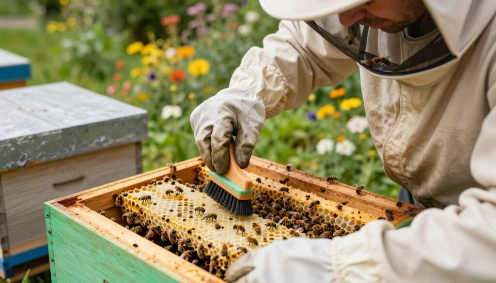 A close-up view of a beekeeper in professional attire, carefully maintaining a clean hive with a queen excluder. The foreground features the beekeeper's hands wearing protective gloves, gently scrubbing the excluder with a specialized brush. In the middle ground, a well-maintained hive box is visible, with bees buzzing around, emphasizing a vibrant ecosystem. The background showcases a sunny, lush garden with blooming flowers, symbolizing a thriving environment for bees. The scene is well-lit, showcasing the details in the excluder and the beekeeper's focused expression. The mood is industrious and serene, capturing the essential maintenance tasks needed to ensure optimal hive health. The image is shot from a slightly elevated angle, offering depth and context to the work being carried out.