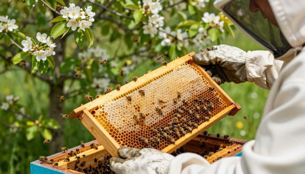 A close-up view of a beekeeper in professional attire carefully managing a drone brood frame from a hive. The foreground features the beekeeper's gloved hands delicately holding a honeycomb filled with drone cells, showcasing the intricate details of the drone brood. In the middle ground, a wooden beehive is portrayed, with bees actively flying around and foraging, emphasizing the dynamics of a working colony. The background consists of lush green foliage and blooming flowers, creating a natural and vibrant atmosphere. Soft, natural sunlight filters through the leaves, casting gentle shadows and highlighting the golden hues of the honeycomb. The mood is calm and focused, conveying the importance of managing drone laying in bees.