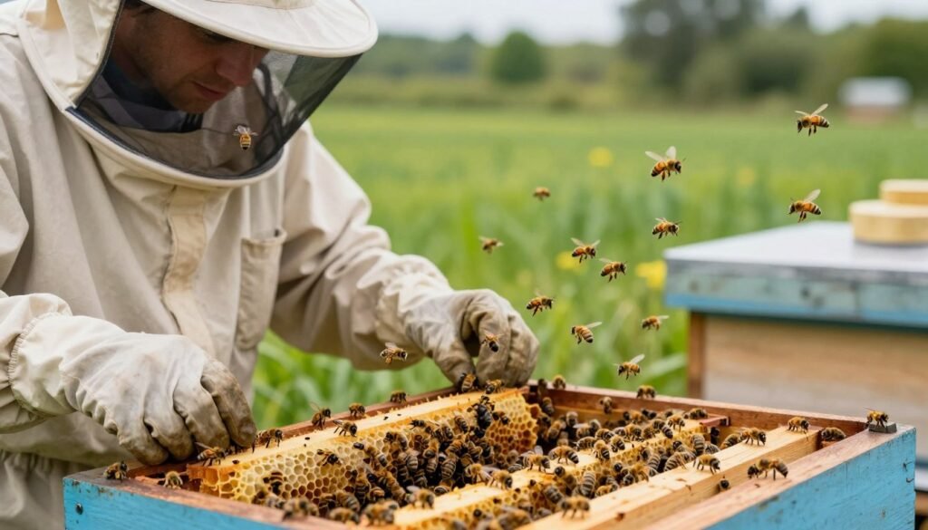 A close-up view of a beekeeper in professional attire, carefully managing a swarm of bees in an apiary, with a focus on a clipped queen bee in the center of the scene. The beekeeper is wearing a protective bee suit, complete with a veil and gloves, observing the bees with calm precision. In the foreground, a wooden hive is open, revealing honeycomb frames with bees clustering around, emphasizing the dynamics of the swarm. The middle ground features bees in motion, some hovering and others landing, showcasing their behaviors around the clipped queen. The background consists of a vibrant, green landscape under soft, natural sunlight, creating an atmosphere of serenity and purpose in nature. The composition captures the delicate balance between human intervention and the natural world. A close-up view of a beekeeper in professional attire, carefully managing a swarm of bees in an apiary, with a focus on a clipped queen bee in the center of the scene. The beekeeper is wearing a protective bee suit, complete with a veil and gloves, observing the bees with calm precision. In the foreground, a wooden hive is open, revealing honeycomb frames with bees clustering around, emphasizing the dynamics of the swarm. The middle ground features bees in motion, some hovering and others landing, showcasing their behaviors around the clipped queen. The background consists of a vibrant, green landscape under soft, natural sunlight, creating an atmosphere of serenity and purpose in nature. The composition captures the delicate balance between human intervention and the natural world.