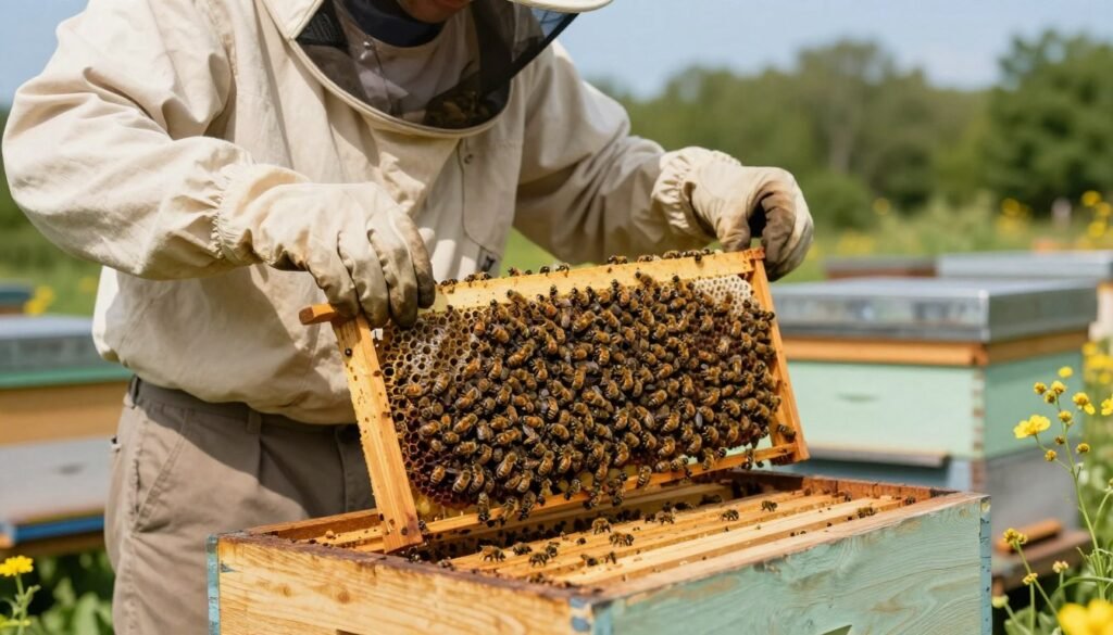 A close-up view of a beekeeper in professional attire, carefully preparing a wooden hive for mite testing. In the foreground, the beekeeper is gently lifting a frame filled with bees, showcasing the delicate and bustling activity of the hive. The middle layer features the hive itself, painted in natural colors, surrounded by flowering plants that provide context to the environment. In the background, there’s a soft-focus display of green trees under a clear blue sky, creating a warm, inviting atmosphere reflecting a sunny day in nature. The lighting is bright and natural, casting soft shadows that enhance the details of the bees and hive. A sense of calm and diligence permeates the scene, emphasizing the importance of careful preparation in supporting bee health.