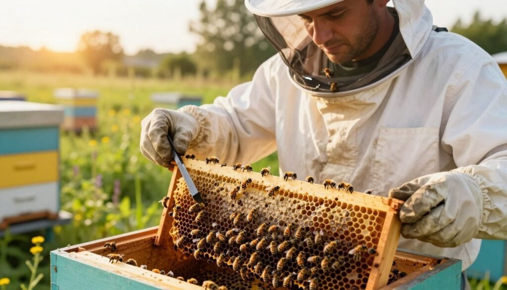 A close-up view of a beekeeper in professional attire, gently cutting out drone comb from a hive frame, surrounded by vibrant honeybees. The foreground showcases the honeycomb with distinct drone cells, illustrating the removal process. In the middle ground, the beekeeper's focused expression is visible as they hold a hive tool, focused on maintaining hive health. The background features a lush, sunlit apiary with greenery and wildflowers, creating a serene atmosphere. The warm, golden light of a late afternoon enhances the details of the bees and the comb, evoking a sense of calm and diligence. This image should capture the essence of careful mite control while emphasizing the importance of timing in beekeeping. A close-up view of a beekeeper in professional attire, gently cutting out drone comb from a hive frame, surrounded by vibrant honeybees. The foreground showcases the honeycomb with distinct drone cells, illustrating the removal process. In the middle ground, the beekeeper's focused expression is visible as they hold a hive tool, focused on maintaining hive health. The background features a lush, sunlit apiary with greenery and wildflowers, creating a serene atmosphere. The warm, golden light of a late afternoon enhances the details of the bees and the comb, evoking a sense of calm and diligence. This image should capture the essence of careful mite control while emphasizing the importance of timing in beekeeping.