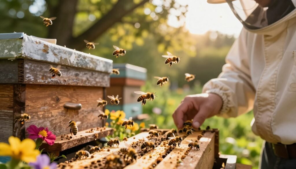 A close-up view of a beekeeper in professional attire, gently observing a hive bustling with activity. In the foreground, scout bees are seen actively flying in and out of the hive, some displaying their unique behaviors, while others engage in the dance. The middle ground showcases the hive itself, its textured wooden surface weathered by time, adorned with vibrant flowers attracting bees. The background features a lush garden illuminated by warm, golden sunlight filtering through tree branches, creating a peaceful atmosphere. The lens captures the scene in sharp detail, with a slight depth of field to emphasize the bees in motion, evoking a sense of harmony and diligence in nature. A close-up view of a beekeeper in professional attire, gently observing a hive bustling with activity. In the foreground, scout bees are seen actively flying in and out of the hive, some displaying their unique behaviors, while others engage in the dance. The middle ground showcases the hive itself, its textured wooden surface weathered by time, adorned with vibrant flowers attracting bees. The background features a lush garden illuminated by warm, golden sunlight filtering through tree branches, creating a peaceful atmosphere. The lens captures the scene in sharp detail, with a slight depth of field to emphasize the bees in motion, evoking a sense of harmony and diligence in nature.