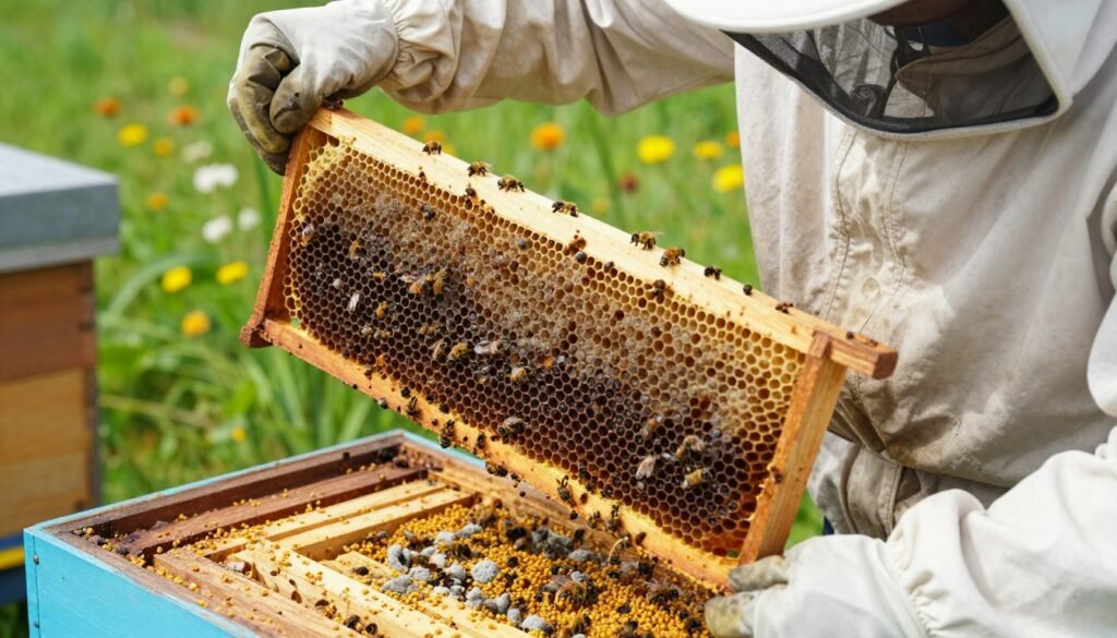 A close-up view of a beekeeper in professional attire inspecting a beehive showing signs of European Foulbrood. In the foreground, the beekeeper, wearing a protective suit and gloves, is gently lifting a frame covered with infected brood cells displaying a dark, watery appearance. The middle layer features the hive, constructed of wood with visible honeycomb sections and scattered moldy pollen. The background showcases a lush green landscape with flower patches, capturing the essence of a sunny day. Soft, natural lighting enhances the details of the brood cells and pollen texture, while the camera angle focuses on the frame in the beekeeper's hands. The mood is serious and educational, reflecting the importance of recognizing disease in a bee colony.