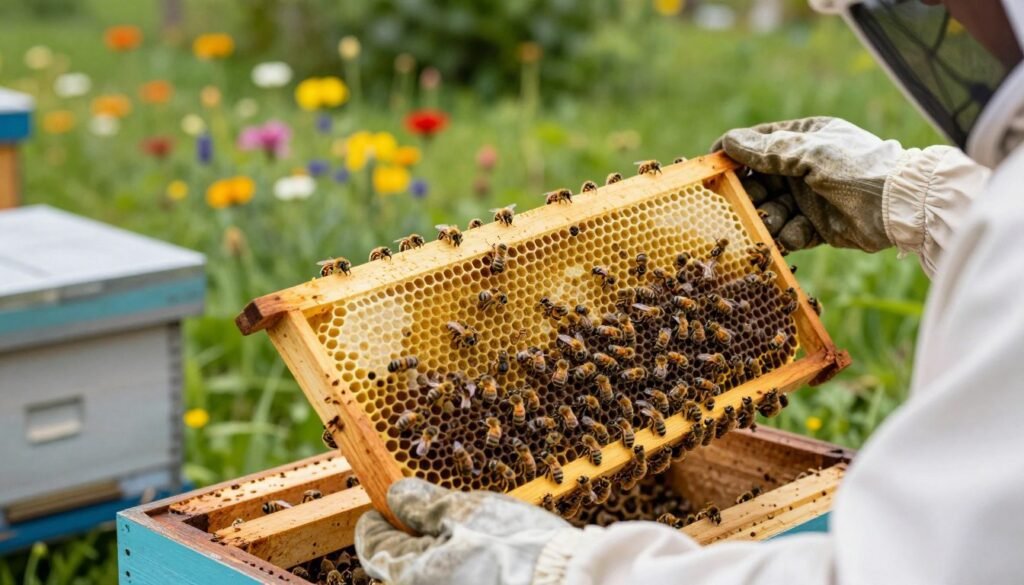 A close-up view of a beekeeper in professional attire inspecting a frame from a bee hive, focusing on the queen and brood pattern. The foreground features the beekeeper’s gloved hands carefully holding the frame with bees clustered around the queen and various stages of brood present. In the middle ground, the hive is visible, with well-organized frames displaying healthy brood and a vibrant queen surrounded by worker bees. The background shows a serene apiary scene with colorful flowers and lush greenery, under soft, natural sunlight that casts gentle shadows. The atmosphere is calm and educational, emphasizing the importance of assessing bee health and brood patterns for those involved in beekeeping. Marvel at the intricate details of the bees and brood cycle in a harmonious, nature-filled setting.