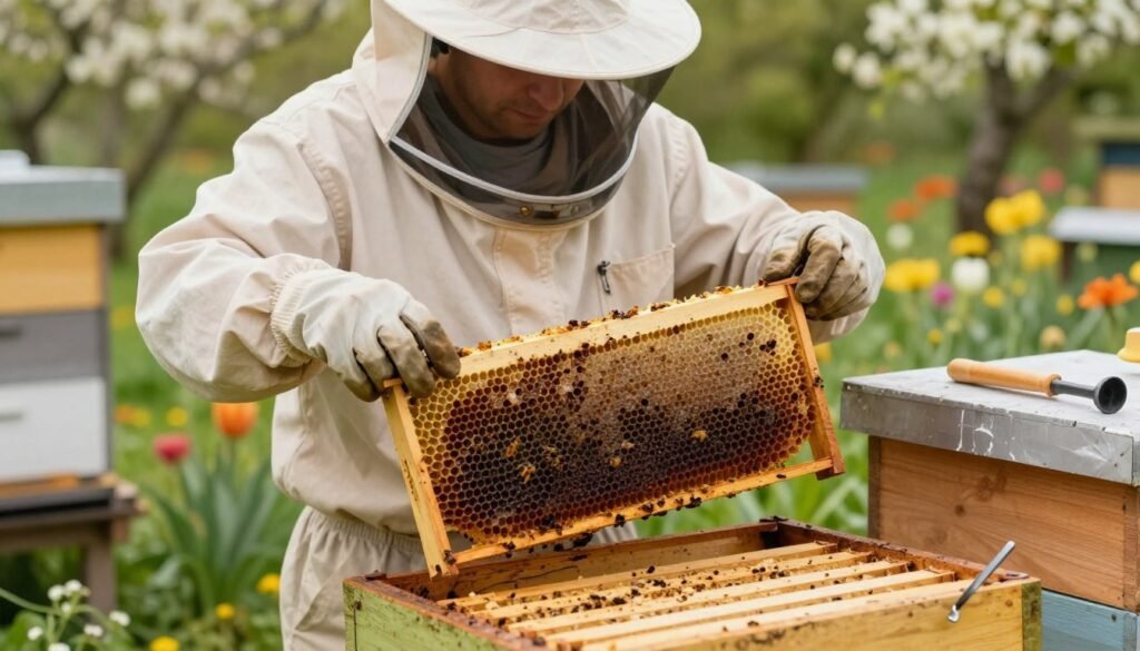A close-up view of a beekeeper in professional attire, inspecting frames from deadout colonies. The beekeeper, wearing a protective veil and gloves, stands focused, examining a frame filled with dark, abandoned honeycomb, with signs of decay visible on the surface. Surrounding the beekeeper are various bee frames laid out on a table, with tools such as a hive tool and smoker artistically placed. In the background, a soft-focus apiary surrounded by blooming flowers and lush greenery creates a serene atmosphere, with warm natural lighting bathing the scene. The composition emphasizes the delicate nature of managing deadout colonies, portraying a sense of responsibility and care in beekeeping practices.