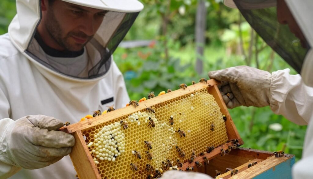 A close-up view of a beekeeper in protective gear, inspecting a wooden hive frame filled with developing bee larvae. In the foreground, the beekeeper gently holds the frame with a focused expression, showing bright yellowish-white larvae nestled in cells. In the middle ground, several honeybee workers buzz around, emphasizing the hive's activity. The background features a lush green garden, indicating a healthy environment for the bees. Soft, natural lighting filters through the trees, casting gentle shadows on the scene. The atmosphere is calm yet attentive, reflecting the importance of hive inspection in maintaining bee health. The angle captures both the beekeeper's concentrated effort and the intricate details of the larvae.