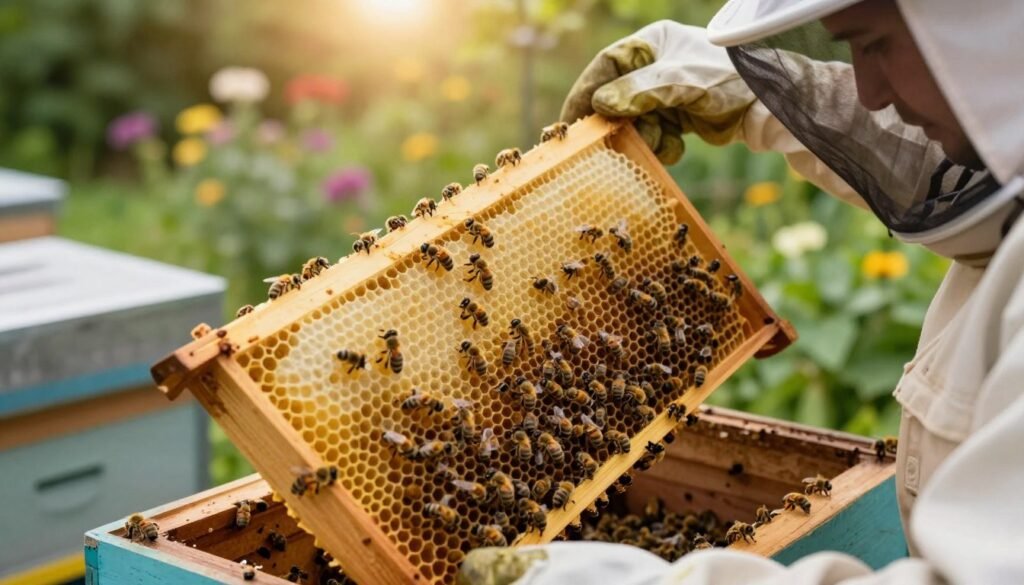 A close-up view of a beekeeper inspecting a brood pattern in a bee colony. The beekeeper, dressed in professional protective gear including a veil and gloves, gently lifts a frame from a beehive, focusing on the arrangement of bee larvae and capped cells. The golden, honeycomb texture contrasts against the dark, busy bees surrounding it. Soft, natural lighting filters in from the top, casting a warm glow over the scene. The background features a lush garden with flowering plants, creating a serene and informative atmosphere. The angle captures the intricate details of the brood pattern, emphasizing the health and vitality of the bee colony while conveying a sense of careful observation and dedication in the practice of beekeeping. A close-up view of a beekeeper inspecting a brood pattern in a bee colony. The beekeeper, dressed in professional protective gear including a veil and gloves, gently lifts a frame from a beehive, focusing on the arrangement of bee larvae and capped cells. The golden, honeycomb texture contrasts against the dark, busy bees surrounding it. Soft, natural lighting filters in from the top, casting a warm glow over the scene. The background features a lush garden with flowering plants, creating a serene and informative atmosphere. The angle captures the intricate details of the brood pattern, emphasizing the health and vitality of the bee colony while conveying a sense of careful observation and dedication in the practice of beekeeping.