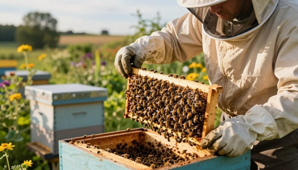 A close-up view of a beekeeper inspecting a hive during the peak mite control season. In the foreground, the beekeeper, dressed in a light-colored protective suit and gloves, is carefully examining a frame filled with bees. The bees are shown buzzing actively, highlighting the urgency of the situation. In the middle ground, the hive is situated in a sunlit garden, surrounded by flowering plants, conveying a sense of vibrant life and productivity. In the background, soft focus reveals a serene landscape of trees and blue sky. The lighting is warm and inviting, suggesting late afternoon sun. The mood is focused and determined, emphasizing the critical task of managing mite loads effectively.