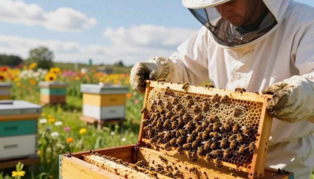 A close-up view of a beekeeper inspecting a newly installed nucleus colony (nuc) in a sunny, vibrant bee yard. The beekeeper, dressed in a white protective suit and veil, carefully holds a frame full of bees, examining it with focused attention. In the foreground, the detailed texture of the honeycomb and the busy bees filling it are in sharp focus. The middle ground features several wooden nuc boxes, surrounded by blooming flowers and lush green grass, creating a lively atmosphere. The background showcases a blue sky dotted with fluffy clouds. The light is warm and inviting, casting soft shadows, evoking a sense of serenity and dedication to the art of beekeeping.
