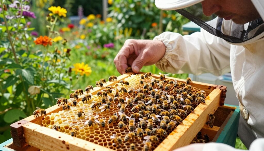 A close-up view of a beekeeper meticulously monitoring a honey bee colony for signs of sacbrood virus, highlighting the intricate details of a brood frame filled with bees. In the foreground, a focused beekeeper in a protective suit examines a frame, with sunlight glistening off honeycombs. The middle ground features bees interacting with one another, some showing signs of parasitism. In the background, a lush garden teeming with flowers provides a vibrant backdrop, creating a lively atmosphere. The image should be shot from a low angle to emphasize the interaction between the beekeeper and the bees, with soft, natural lighting to capture the essence of a warm, sunny day. The mood is one of careful observation and concern for the health of the bee colony.