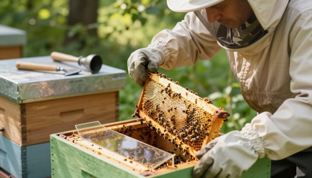 A close-up view of a beekeeper monitoring hive progress, focusing on a modern beehive fitted with clear observation panels. In the foreground, a pair of gloved hands gently lift the frame of old drawn comb, revealing honeycomb cells filled with bees. The beekeeper, dressed in professional attire, leans slightly over the hive, examining the bees with a thoughtful expression. In the middle ground, various tools are artistically arranged, including a hive tool and smoker, contributing to the scene's authenticity. The background features lush greenery, with dappled sunlight filtering through leaves, creating a warm, inviting atmosphere. The overall mood is serene and focused, showcasing the meticulous nature of monitoring hive progress. Soft focus on the edges, emphasizing the central action.