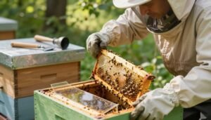 A close-up view of a beekeeper monitoring hive progress, focusing on a modern beehive fitted with clear observation panels