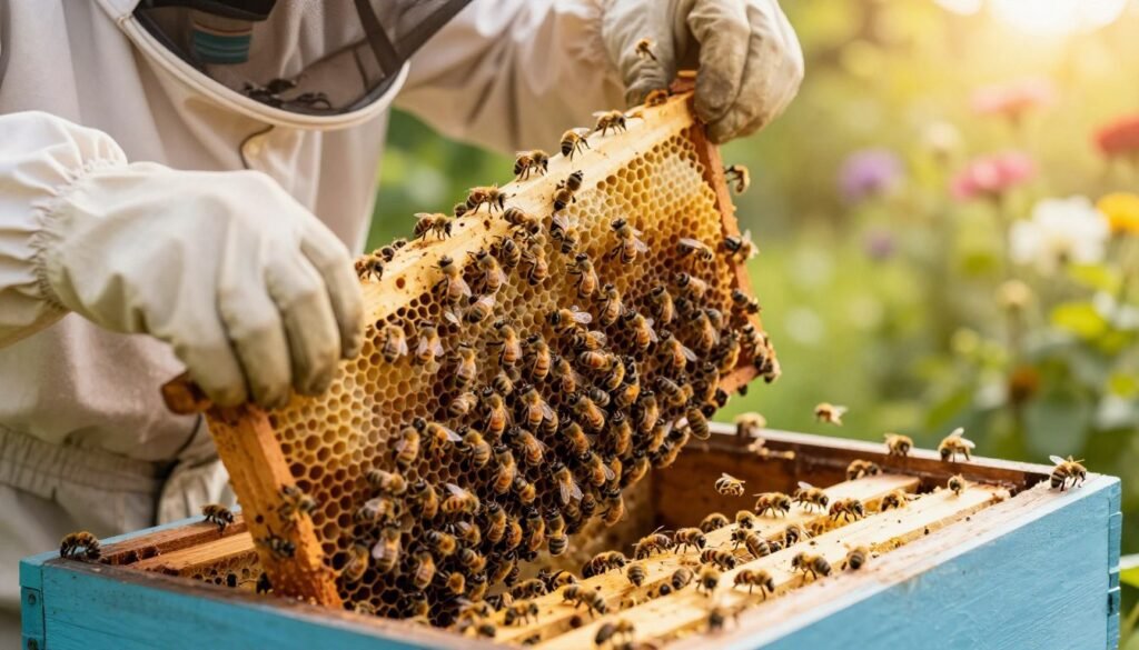 A close-up view of a beekeeper performing the treatment shook swarm technique on a beehive, highlighting the intricate details of the bees and hive structure. In the foreground, a focused beekeeper wearing professional protective gear is gently shaking a frame of bees, with bees visibly scattering in the air. The middle ground features the beehive, detailed with honeycomb patterns and some bees clustering together, showcasing their natural behaviors. In the background, a sunny garden setting provides soft, warm lighting, enhancing the sense of action and urgency in the treatment process, with hints of green foliage and flowers that represent a natural environment for the bees. The overall atmosphere conveys a sense of care and professionalism in managing bee health.