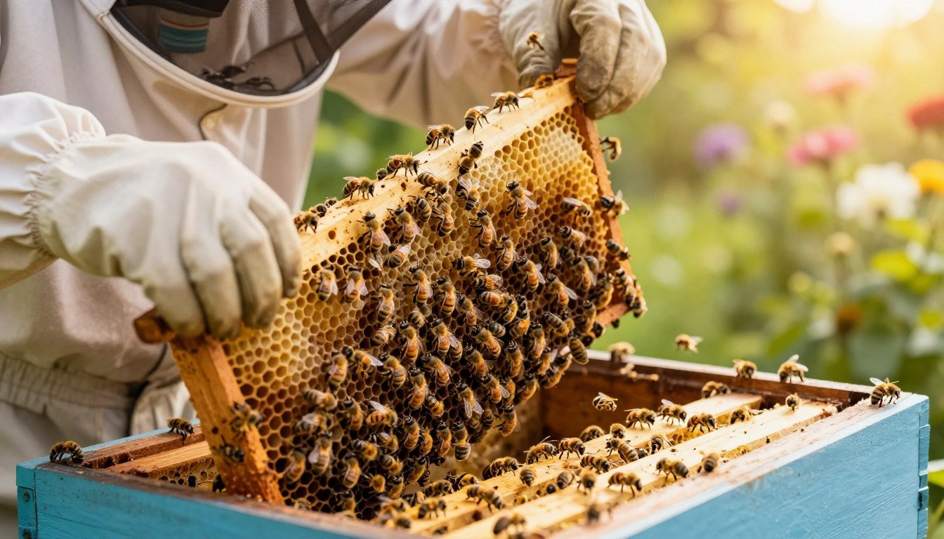 Beekeeper performing a shook swarm, shaking bees off old comb onto fresh foundation