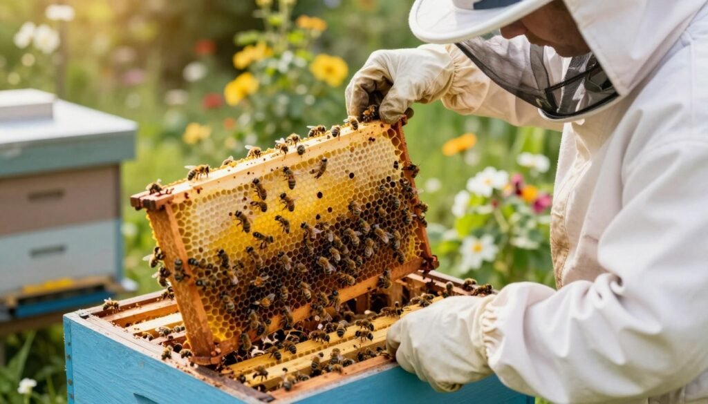 A close-up view of a beekeeper preparing a beehive for a new queen. In the foreground, the beekeeper, dressed in a white professional bee suit with a veil, gently lifts a queen cage containing a new queen bee, surrounded by worker bees. The middle ground features the open hive, showcasing vibrant frames filled with honeycomb, bees buzzing around, and vibrant yellow and black patterns. The background includes a sunny garden with blooming flowers and green leaves, creating a lively, natural atmosphere. Soft, warm lighting filters through, highlighting the intricate details of the hive and the bees, evoking a sense of care and diligence in the process of hive preparation.