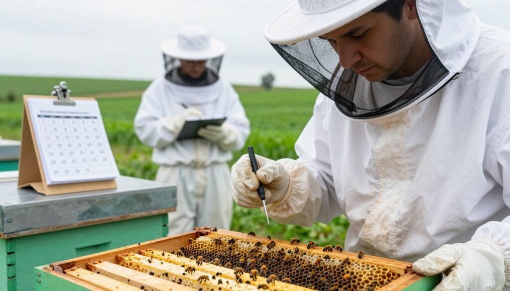 A close-up view of a beekeeper wearing a professional white suit and veil, observing a hive equipped with health monitoring tools and a calendar highlighting optimal retesting intervals after Varroa treatment. In the foreground, detailed bee frames with healthy bees and honeycomb are visible, emphasizing the importance of monitoring. In the middle ground, the beekeeper is taking notes, showcasing a scientific approach to beekeeping. The background features lush green fields under soft, even lighting, evoking a calm and focused atmosphere. The overall mood is informative and professional, capturing the essence of efficient management in beekeeping practices. The lens should be a macro style to highlight intricate details while maintaining clarity in the wider context.