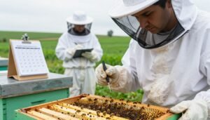 A close-up view of a beekeeper wearing a professional white suit and veil, observing a hive equipped with health monitoring
