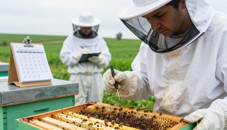 A close-up view of a beekeeper wearing a professional white suit and veil, observing a hive equipped with health monitoring