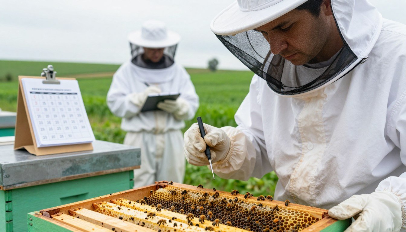 A close-up view of a beekeeper wearing a professional white suit and veil, observing a hive equipped with health monitoring