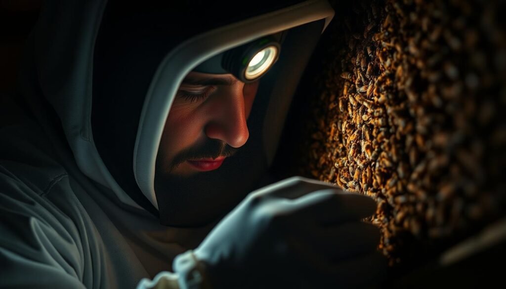A close-up view of a beekeeper wearing a protective suit and gloves, carefully inspecting a beehive in a dimly lit environment. The main focus is on a high-quality headlamp mounted on their forehead, casting a warm, soft light that reveals intricate details of the hive and bees inside. The foreground shows the headlamp glowing, illuminating the bee frames, while the middle ground captures the beekeeper's concentrated expression and their gloved hands gently handling the frames. The background is softly blurred, hinting at the surrounding dark hive space. The lighting creates a calm and focused atmosphere, suggesting safety and efficiency while working in tight spaces. The image conveys a sense of professionalism and diligence required for hive inspections.